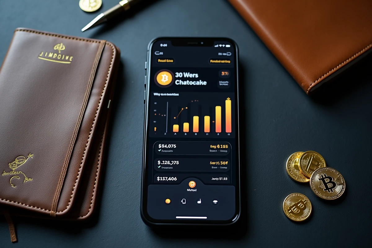 Vue aérienne d'un smartphone affichant un tableau de bord d'épargne en cryptomonnaie avec carnet de notes financières, illustrant les simulations de rendement Bitstack 2026