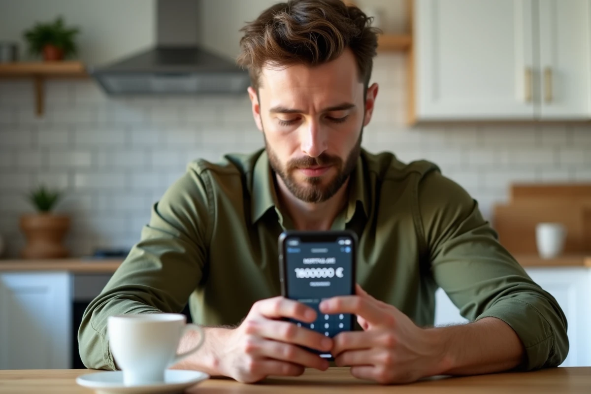 Homme calculant la mensualité d'un prêt de 180000 euros sur 25 ans sur une application de simulateur de crédit immobilier