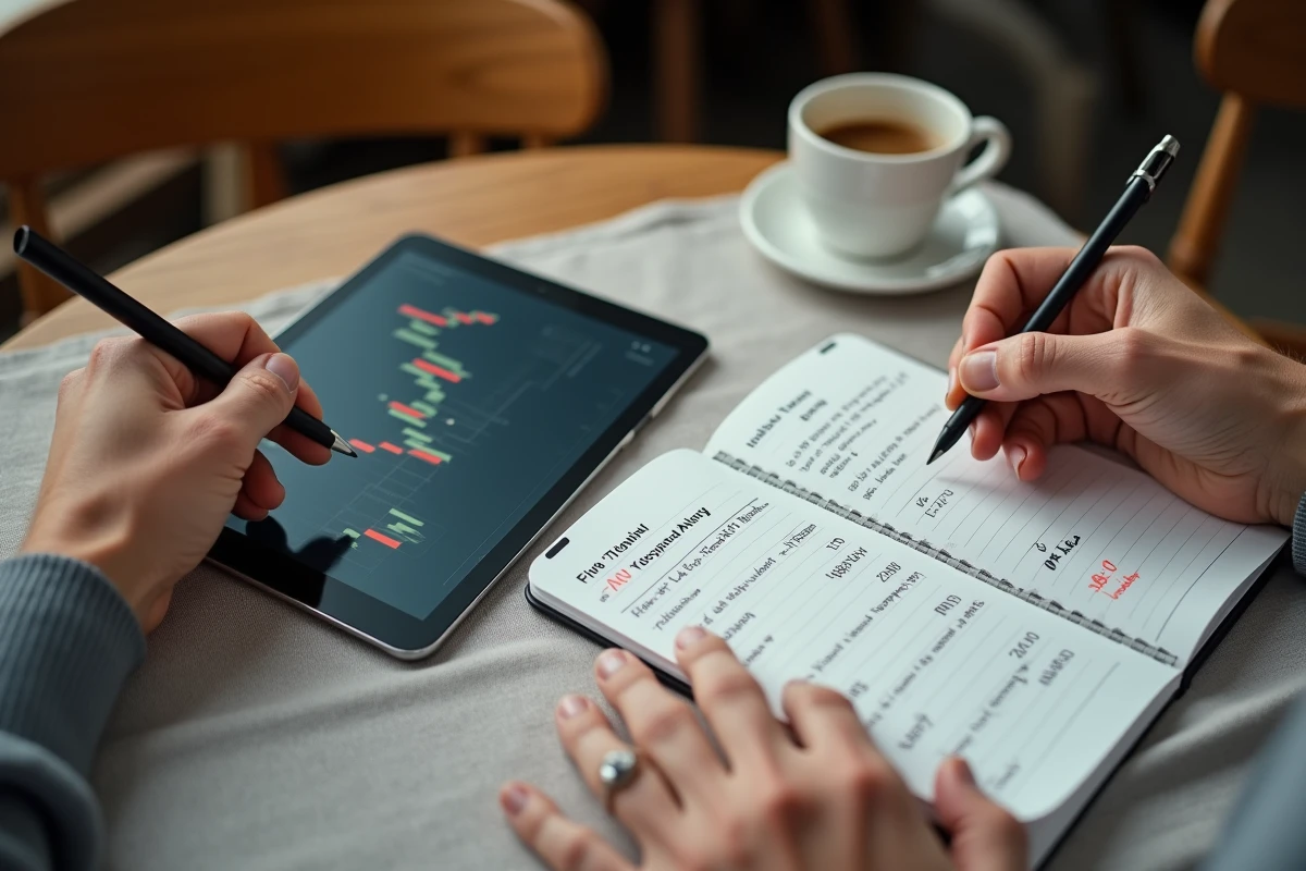 Des mains tenant une tablette affichant un graphique du S&P 500 avec un journal de planification financière sur une table de café
