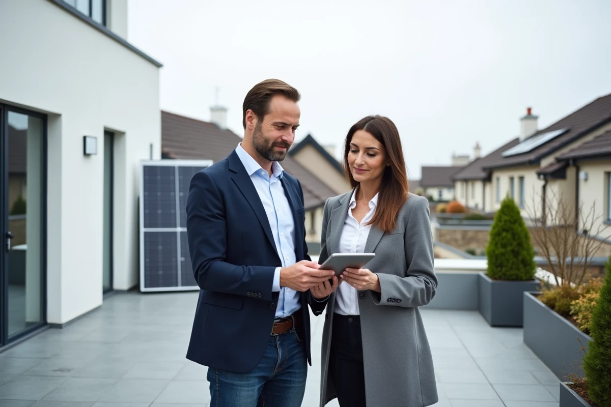 Couple aisé devant des panneaux solaires sur leur maison, illustrant la capacité des foyers à revenus élevés à s'adapter à la taxe carbone grâce aux investissements verts