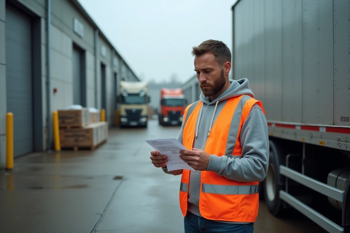 Chauffeur de camion de livraison dans un entrepôt industriel tenant un reçu de carburant, symbolisant l'impact de la taxe carbone sur les travailleurs du secteur du transport