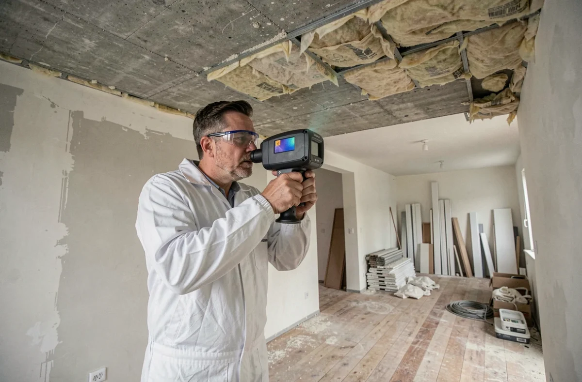 Technicien realisant un diagnostic thermique par camera infrarouge dans un appartement en renovation