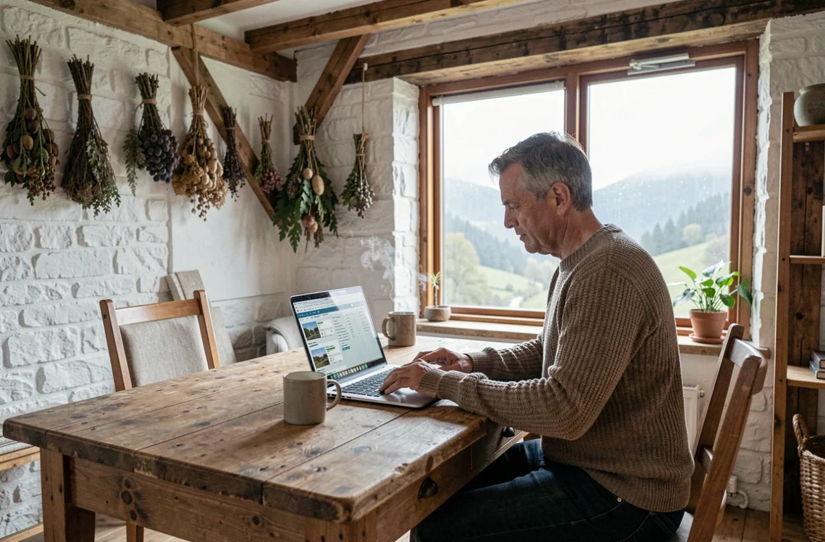 Homme en télétravail dans une résidence secondaire aménagée en bureau dans une grange rénovée à la campagne
