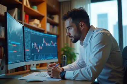 Trader analysant des graphiques boursiers sur deux écrans avant l'ouverture des marchés financiers