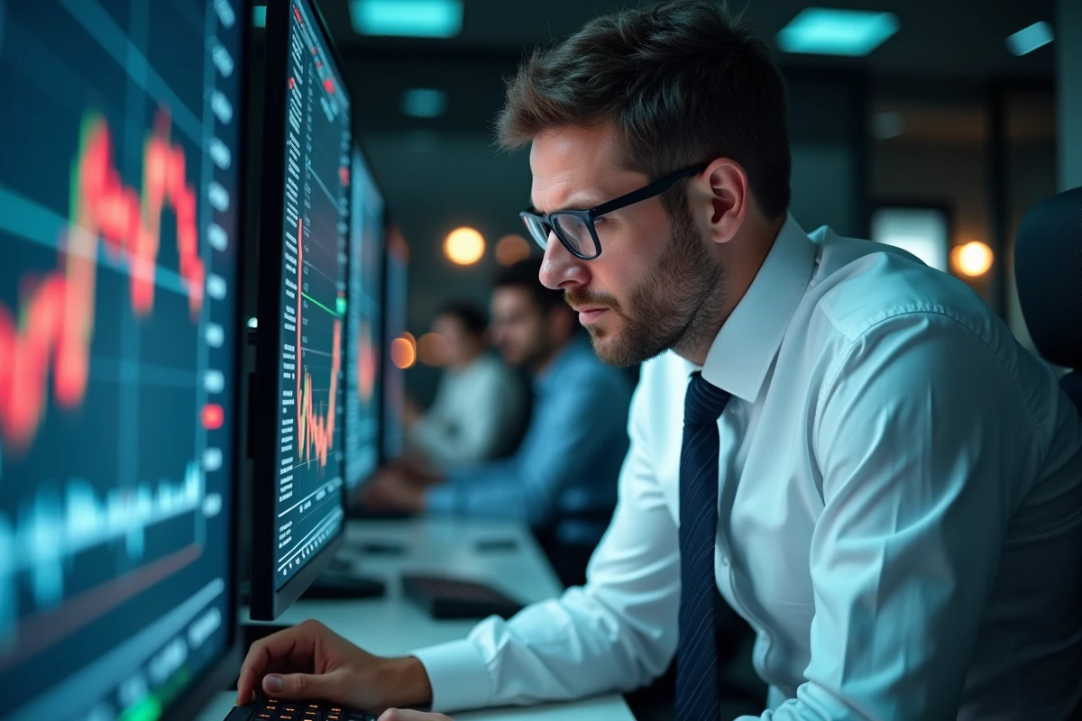 Trader concentré sur ses écrans lors de l'ouverture de la Bourse de Paris au sein d'une salle des marchés moderne