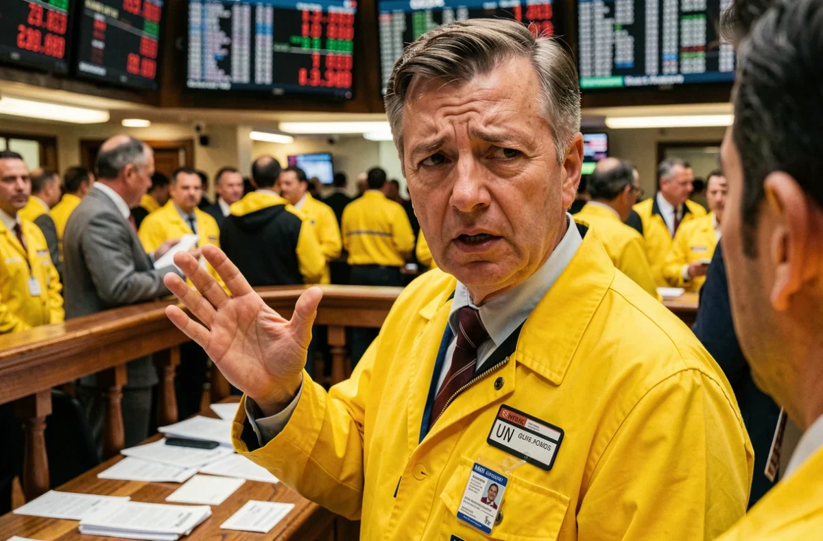 Trader en veste jaune sur le parquet d'une bourse traditionnelle réagissant à la hausse inattendue de l'inflation