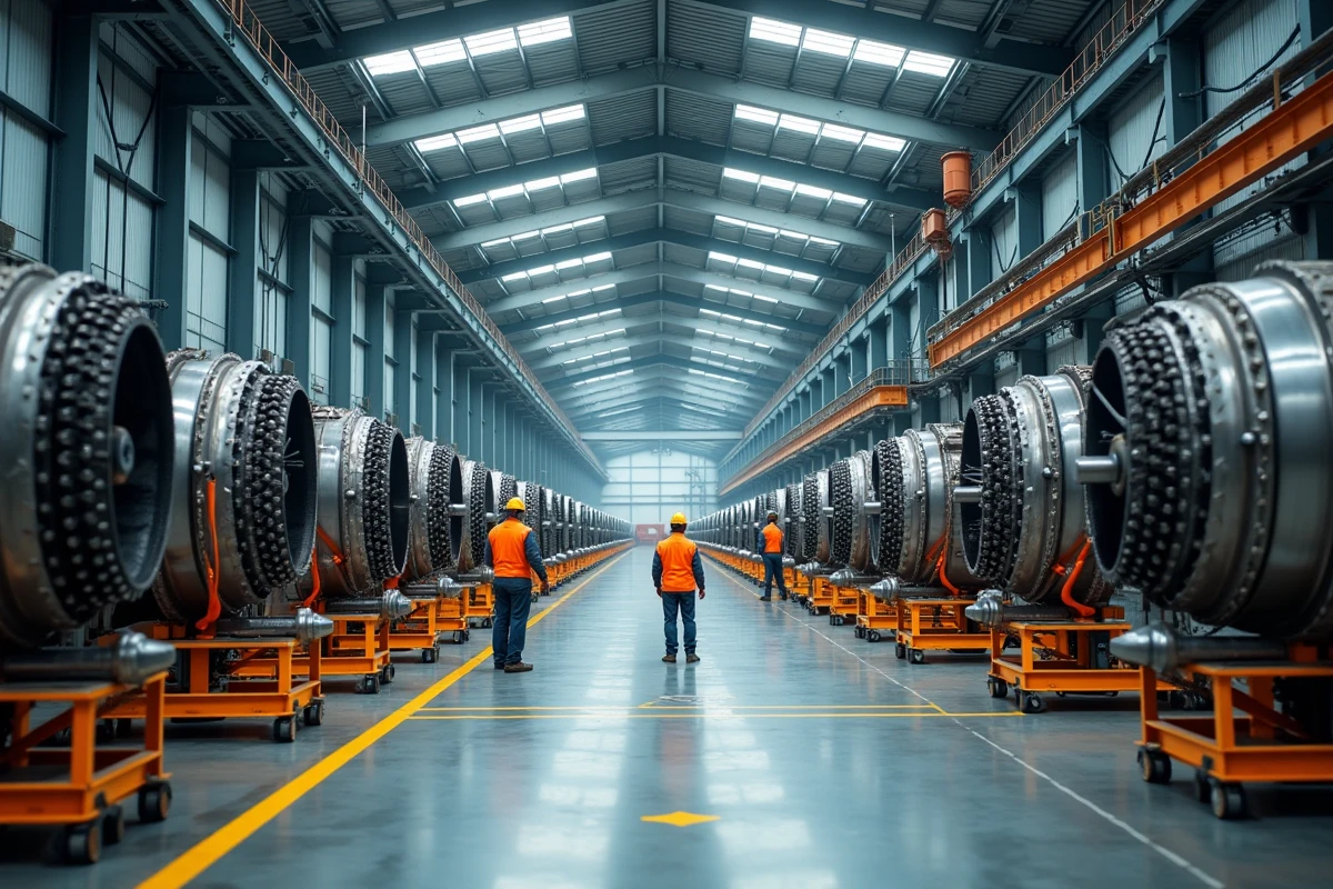 Vue panoramique d'une ligne d'assemblage de moteurs d'avion dans une usine aérospatiale Safran, montrant des techniciens en équipement de sécurité travaillant sur des composants de turbines