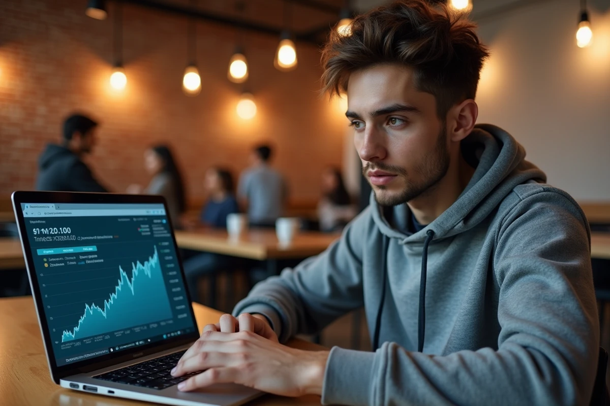 Jeune homme réfléchissant aux conséquences d'une vente de cryptomonnaies sur son ordinateur portable dans un espace de coworking moderne