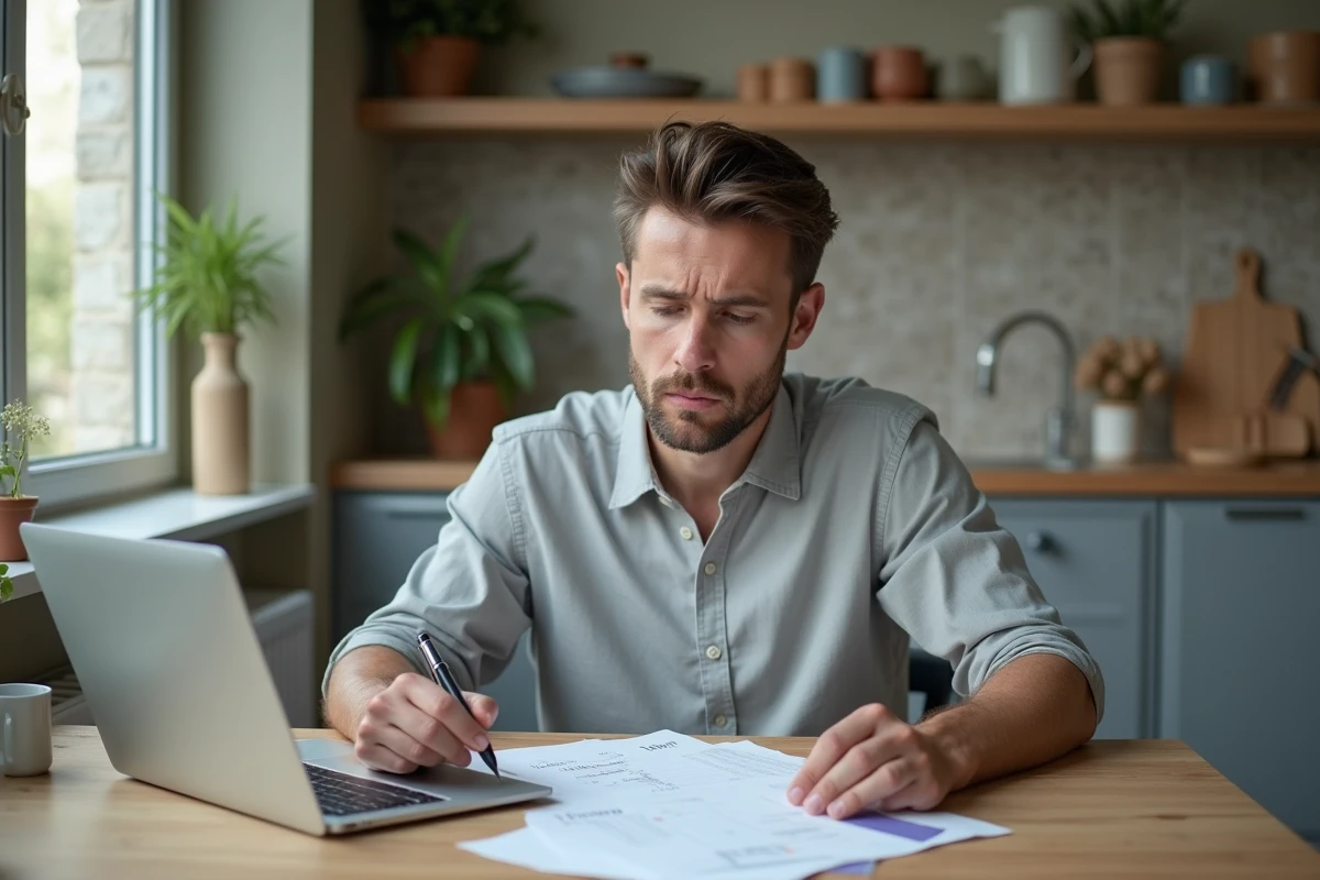 Un homme assis à une table de cuisine vérifiant un chèque différé Leclerc avec des documents bancaires, représentant les erreurs courantes liées aux chèques différés en 2026