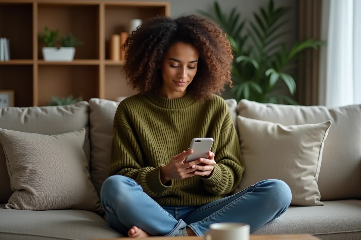 Jeune femme vérifiant son inscription au fichier Préventel depuis son téléphone portable à la maison