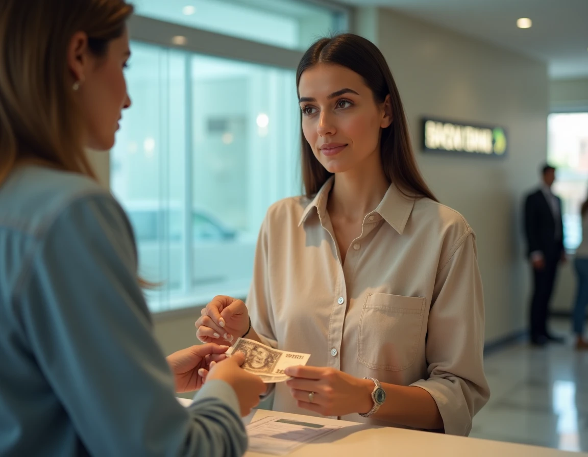 Femme effectuant un virement de dirhams en euros au guichet d'une banque marocaine