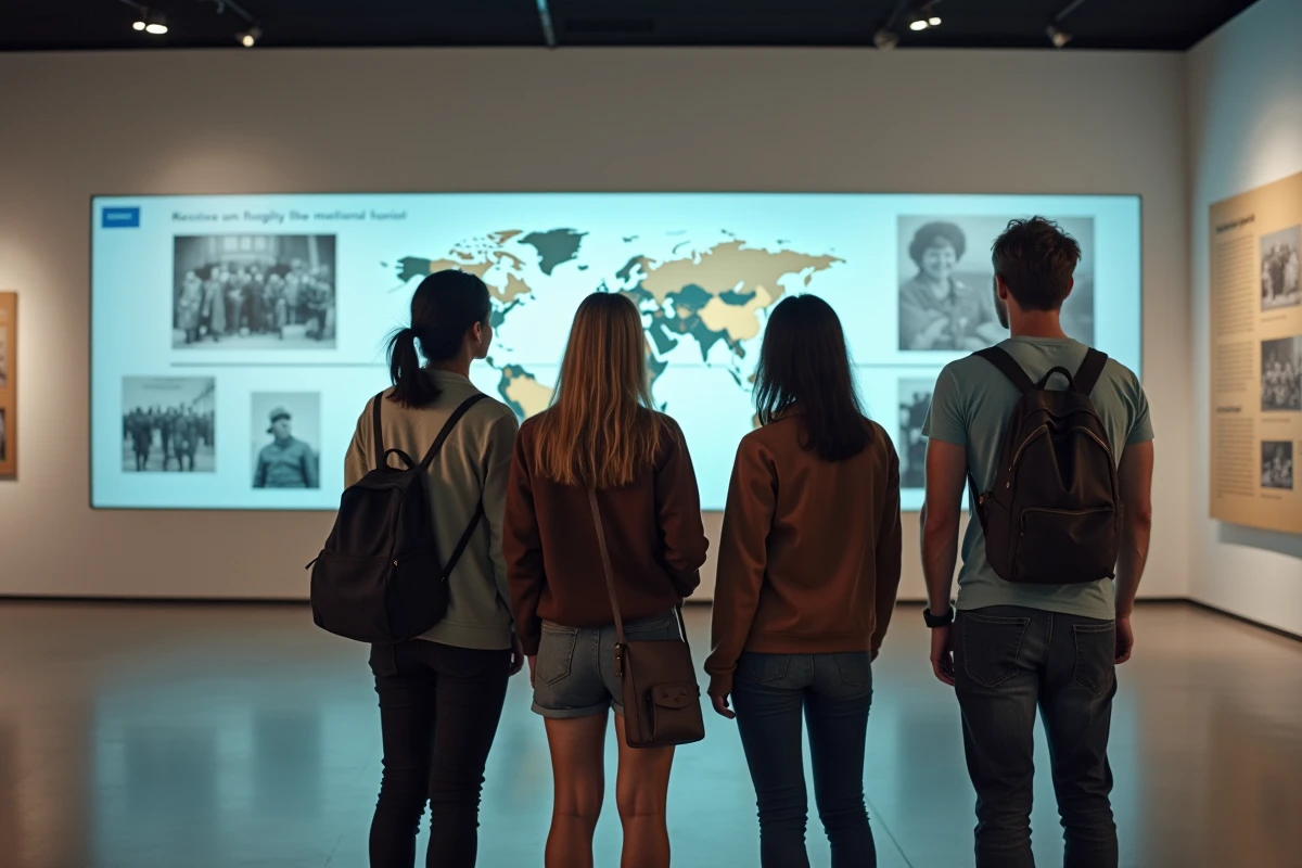 Visiteurs observant une exposition interactive sur les grands événements historiques dans un musée d'histoire contemporain