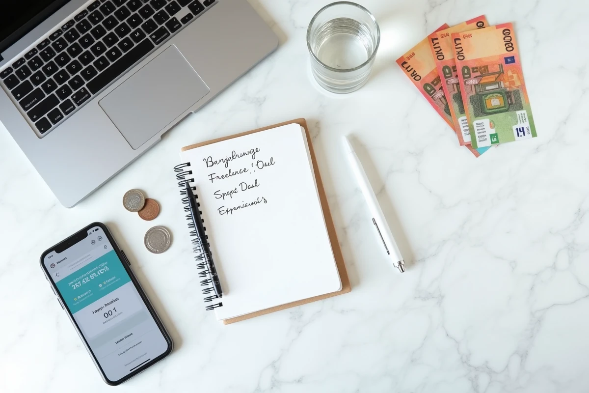 Vue aérienne d'un bureau avec ordinateur portable, billets d'euros et carnet de notes pour gagner de l'argent en ligne